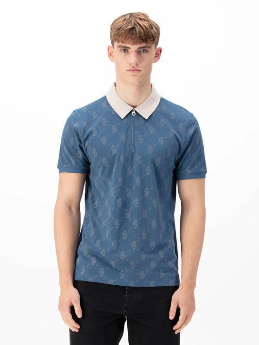 Luke 1977 Henderson Overprint Zip Neck Polo Shirt Denim Blue