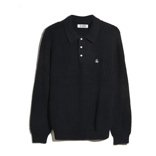 Original Penguin Zigzag Stitch Long Sleeve Sweater Polo Shirt Dark Sapphire