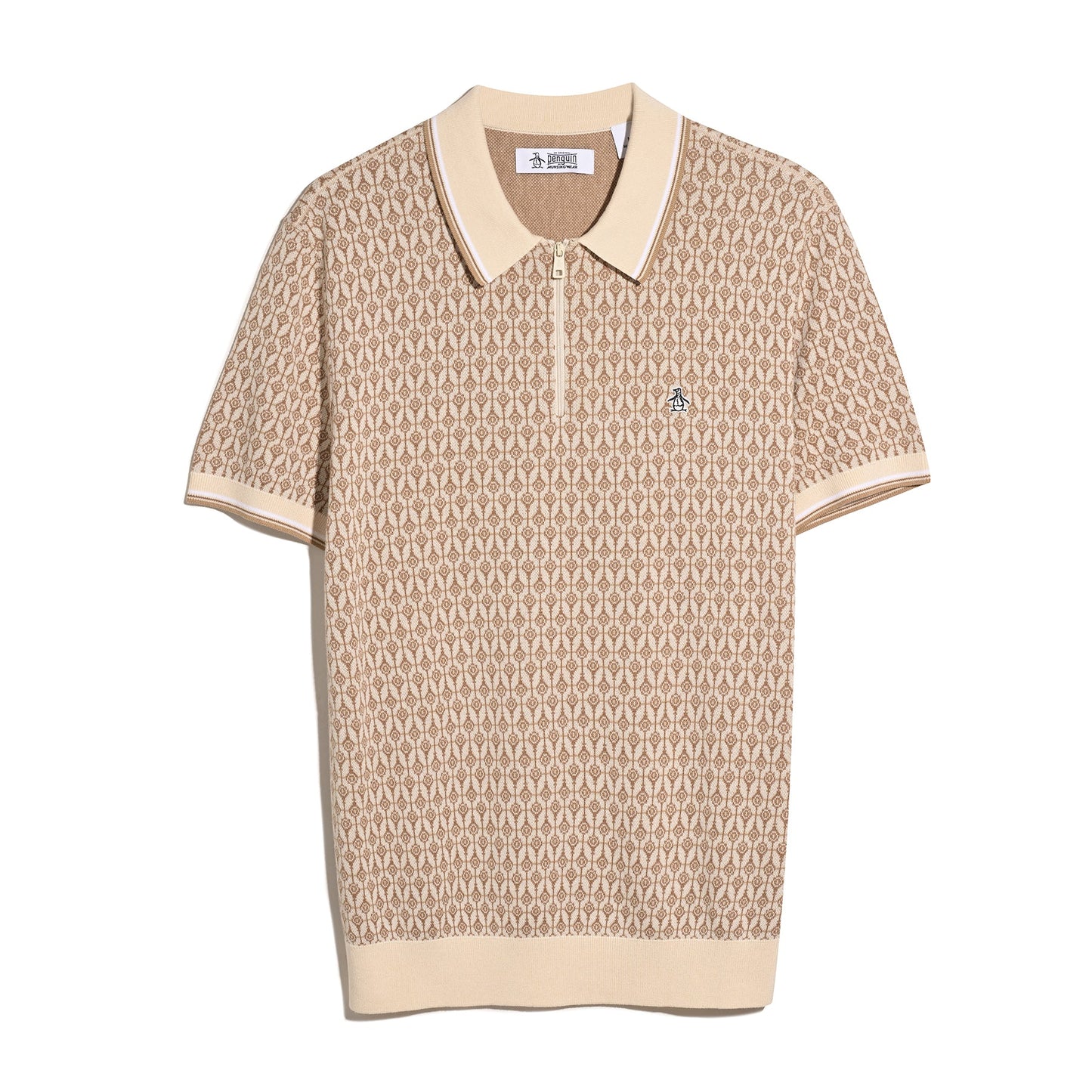 Original Penguin Geometric Jacquard 1/4 Zip Sweater Polo Shirt Birch