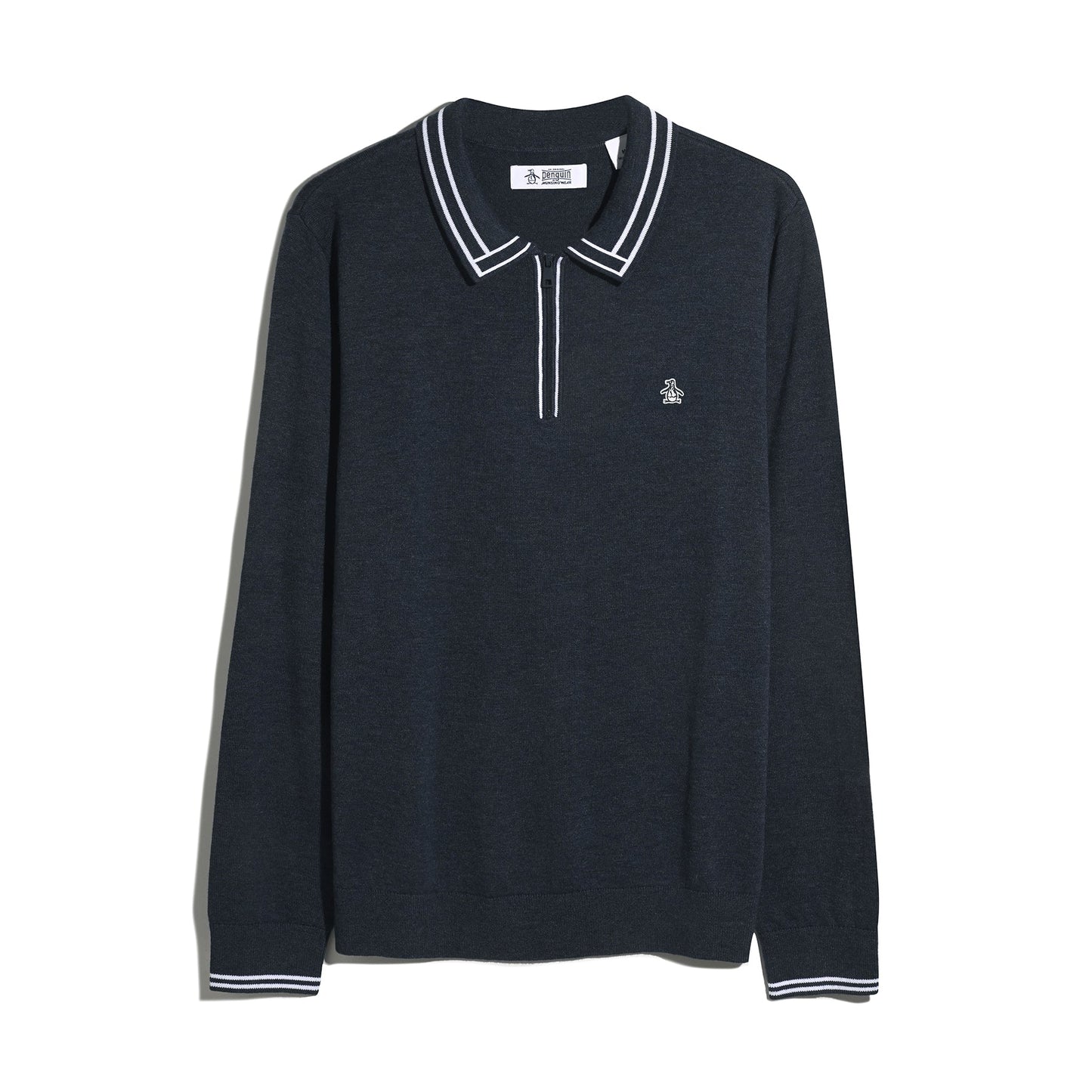 Original Penguin Tipped Quarter Zip Long Sleeve Sweater Polo Shirt Dark Sapphire Heather