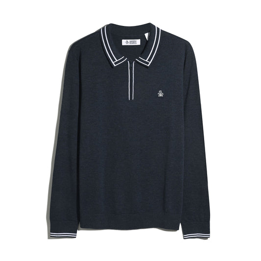 Original Penguin Tipped Quarter Zip Long Sleeve Sweater Polo Shirt Dark Sapphire Heather