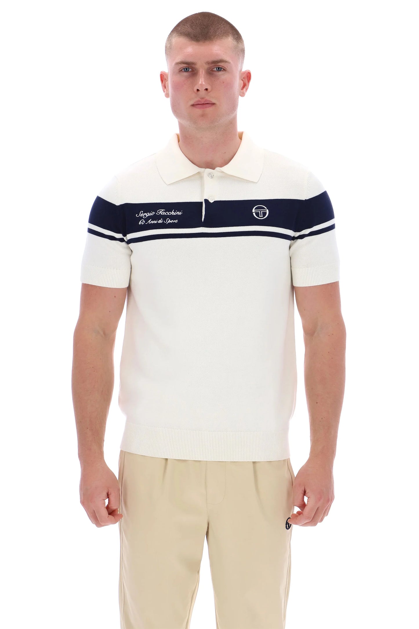 Sergio Tacchini 60th Anniversary Youngline Knitted Polo Shirt Gardenia/Maritime Blue