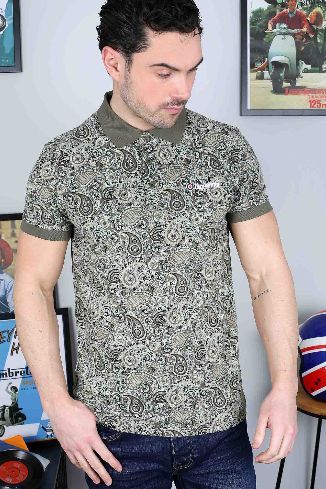Lambretta Paisley Brand Polo Shirt Khaki