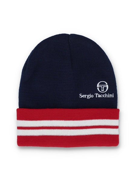 Sergio Tacchini Surgis Jacquard Striped Turn Up Beanie Maritime Blue/White/Adrenaline Rush