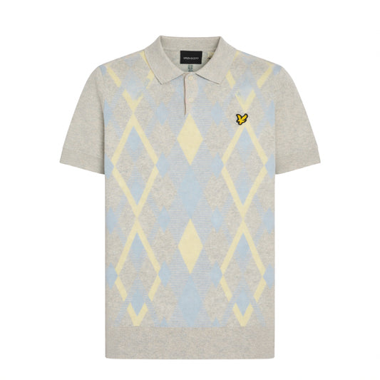 Lyle & Scott Cotton Argyle Knitted Polo Light Grey Marl/Opal Blue