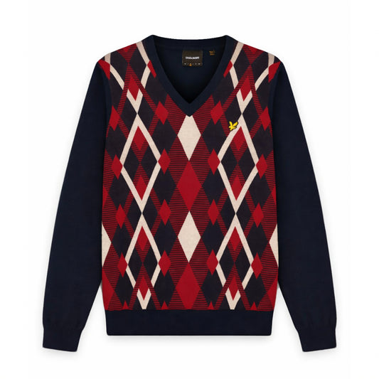 Lyle & Scott Cotton Argyle V Neck Jumper Dark Navy/Cherry Red