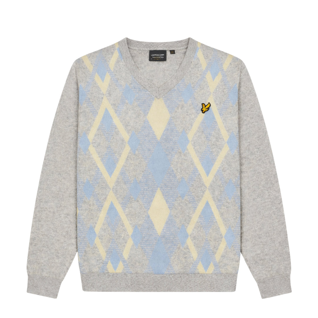 Lyle & Scott Cotton Argyle V Neck Jumper Light Grey Marl/Opal Blue