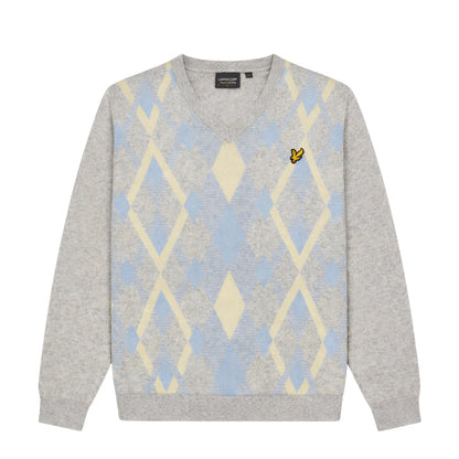 Lyle & Scott Cotton Argyle V Neck Jumper Light Grey Marl/Opal Blue
