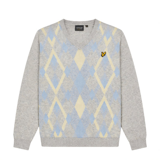 Lyle & Scott Cotton Argyle V Neck Jumper Light Grey Marl/Opal Blue