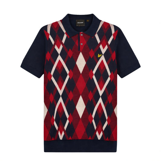 Lyle & Scott Cotton Argyle Knitted Polo Dark Navy/Cherry Red