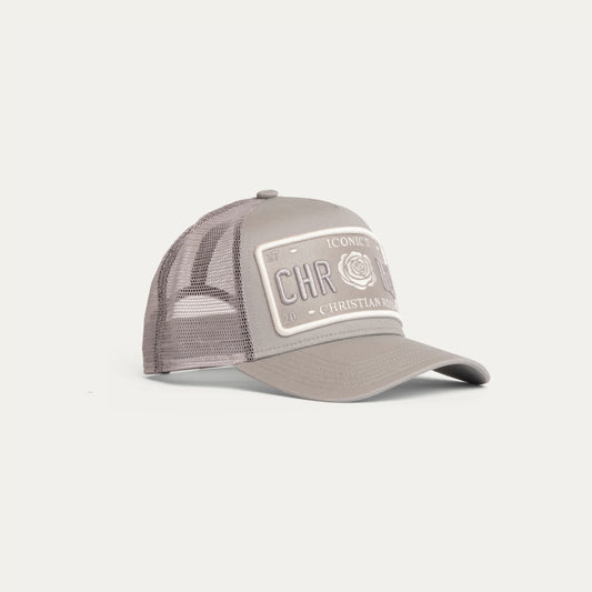 Christian Rose Vinyl Plate Trucker Cap Grey/White
