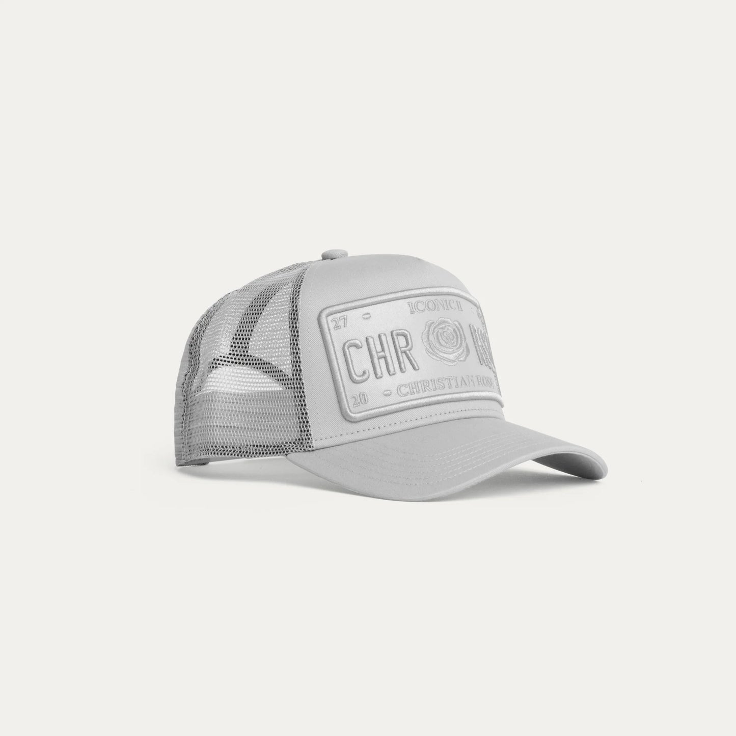 Christian Rose Vinyl Plate Trucker Cap Stone Grey