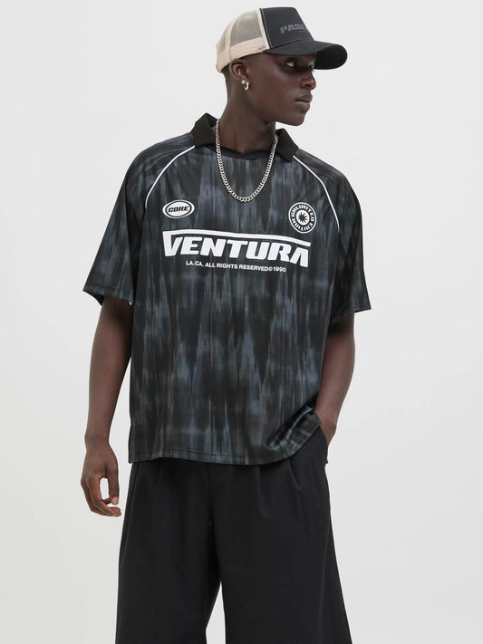 JACK & JONES JCORETREAT Mesh Printed Polo Shirt Black/Asphalt