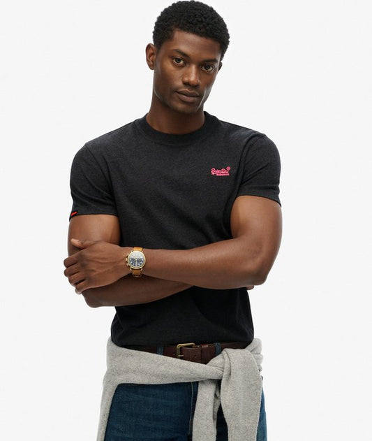 Superdry Essential Logo Embroidered T-Shirt Raven Black Marl/Pink