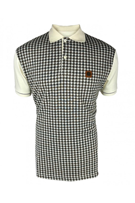 Trojan Houndstooth Panel Polo Shirt Ecru