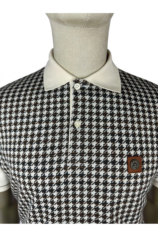 Trojan Houndstooth Panel Polo Shirt Ecru