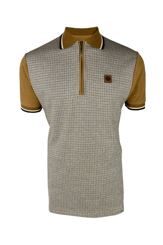 Trojan Mini Houndstooth Zip Panel Polo Shirt Tan