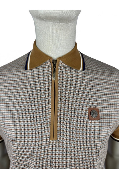 Trojan Mini Houndstooth Zip Panel Polo Shirt Tan