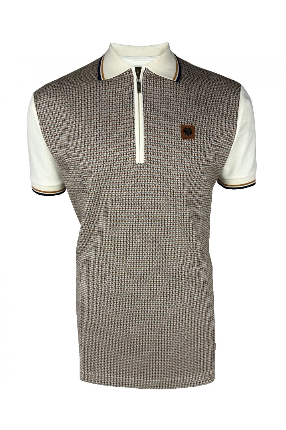 Trojan Mini Houndstooth Zip Panel Polo Shirt Ecru