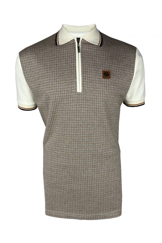 Trojan Mini Houndstooth Zip Panel Polo Shirt Ecru