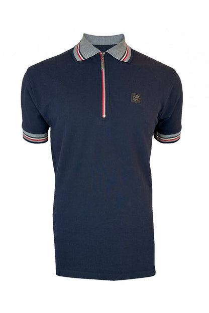 Trojan Oxford Collar Zip Pique Polo Shirt Navy