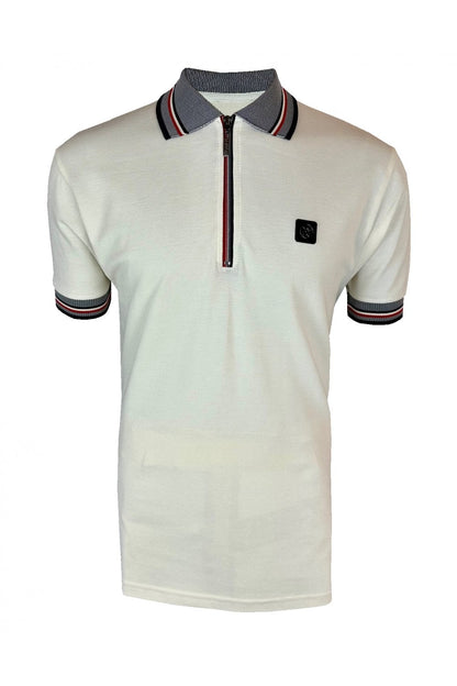 Trojan Oxford Collar Zip Pique Polo Shirt Ecru