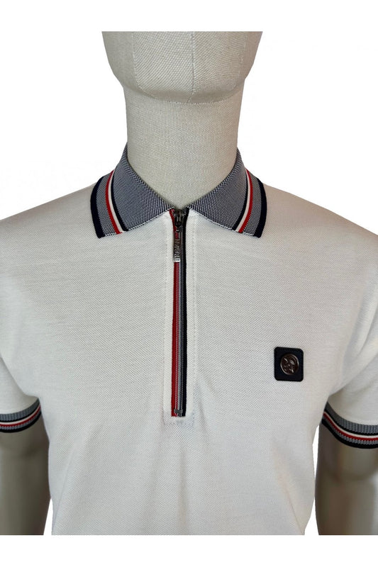 Trojan Oxford Collar Zip Pique Polo Shirt Ecru