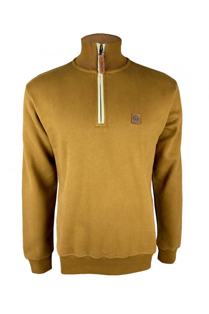 Trojan Quarter Zip Jacquard Trim Sweatshirt Tan
