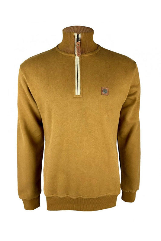 Trojan Quarter Zip Jacquard Trim Sweatshirt Tan