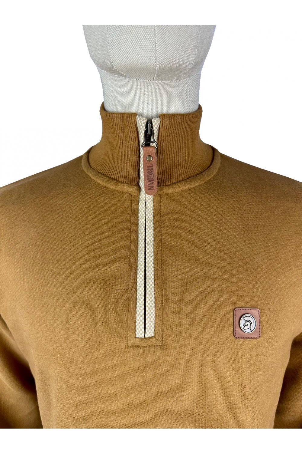 Trojan Quarter Zip Jacquard Trim Sweatshirt Tan