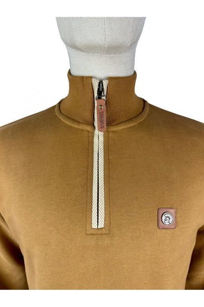 Trojan Quarter Zip Jacquard Trim Sweatshirt Tan