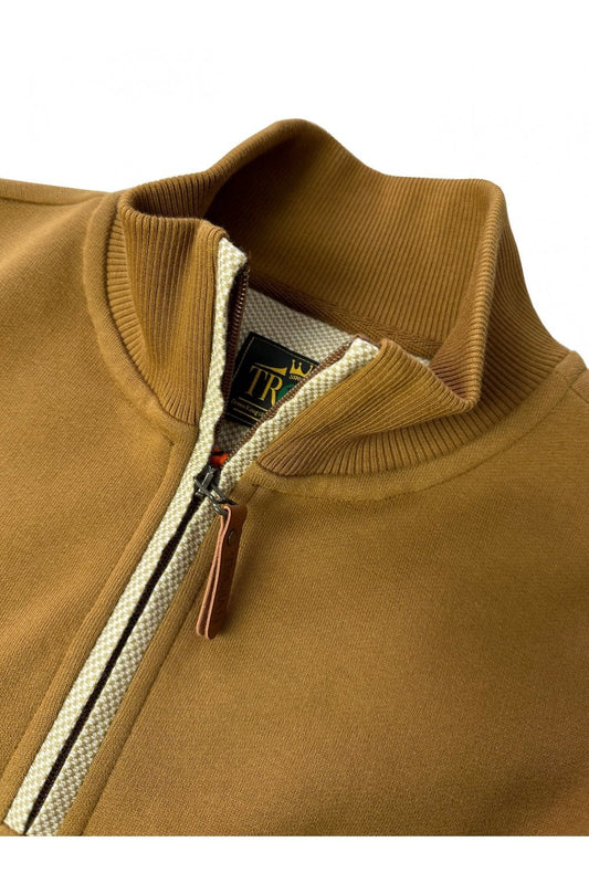 Trojan Quarter Zip Jacquard Trim Sweatshirt Tan