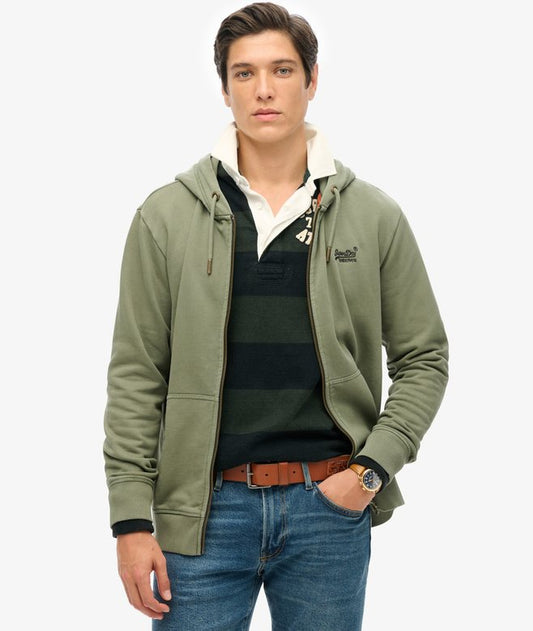 Superdry Essential Logo Washed Zip Hoodie Washed Beetle Green