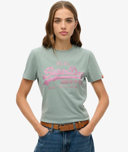 Superdry VL Rhinestone Slim T-Shirt Silver Blue