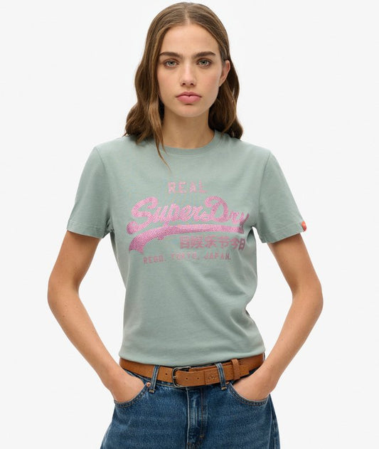 Superdry VL Rhinestone Slim T-Shirt Silver Blue