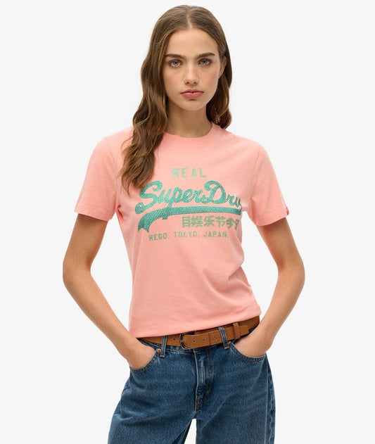 Superdry Ladies VL Rhinestone Slim T-Shirt Peach Amber