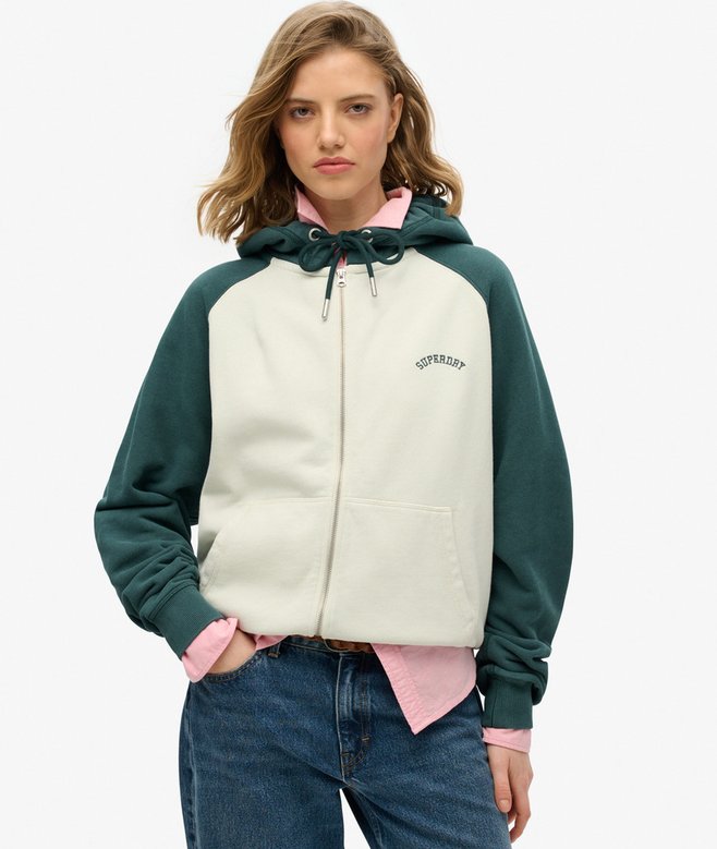 Superdry Ladies Essential Logo OSZ Raglan Ziphood Desert Bone Off White/Pine Green